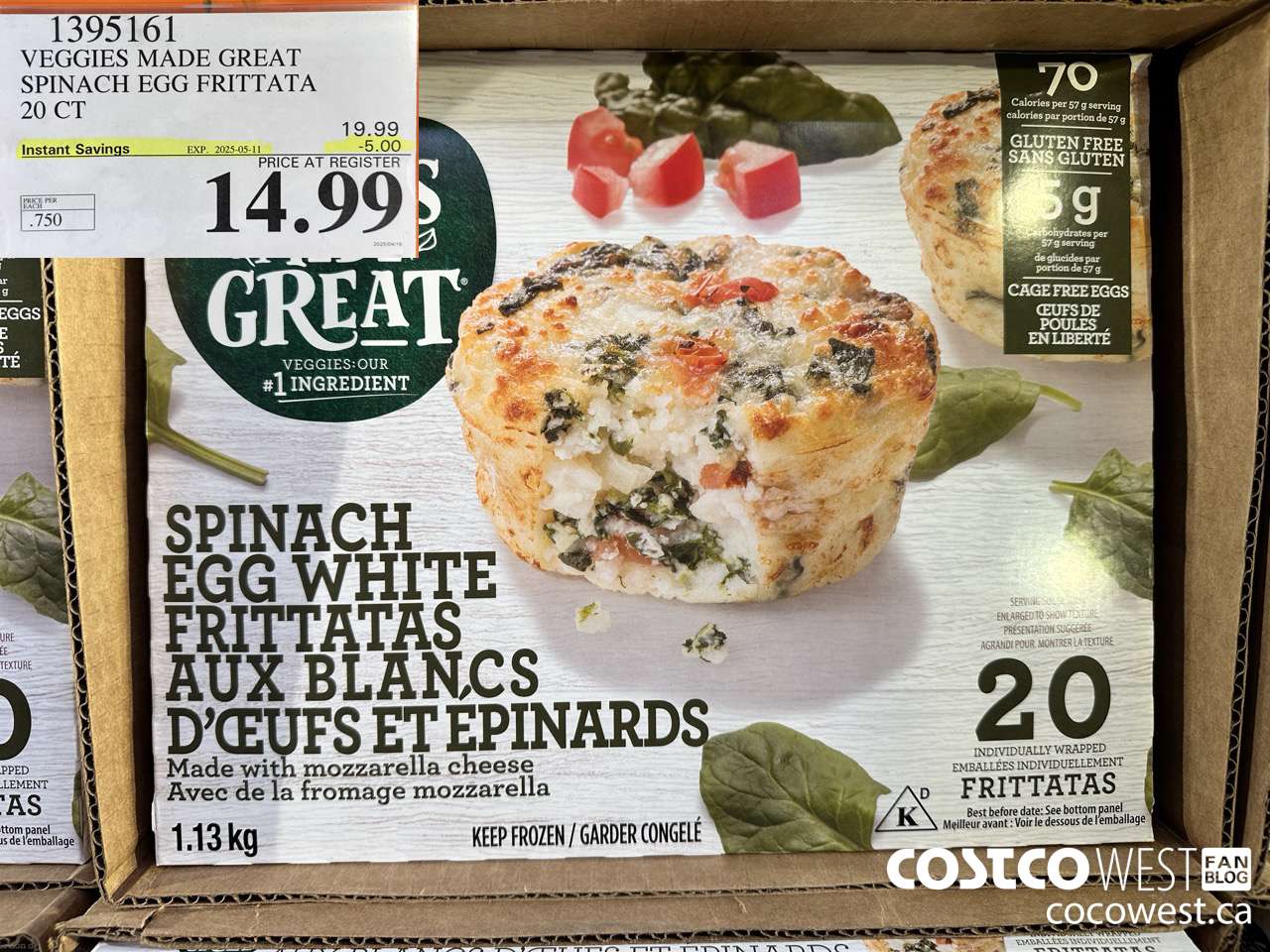 1395161 VEGGIES MADE GREAT SPINACH EGG FRITTATA 20 PK ($5.00 INSTANT SAVINGS EXPIRES ON 2025-05-11) $14.99