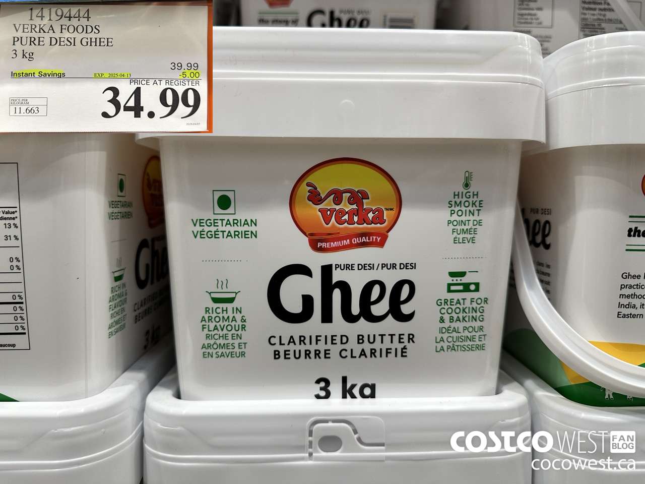1419444 VERKA FOODS PURE DESI GHEE 3 kg ($5.00 INSTANT SAVINGS EXPIRES ON 2025-04-13) $34.99