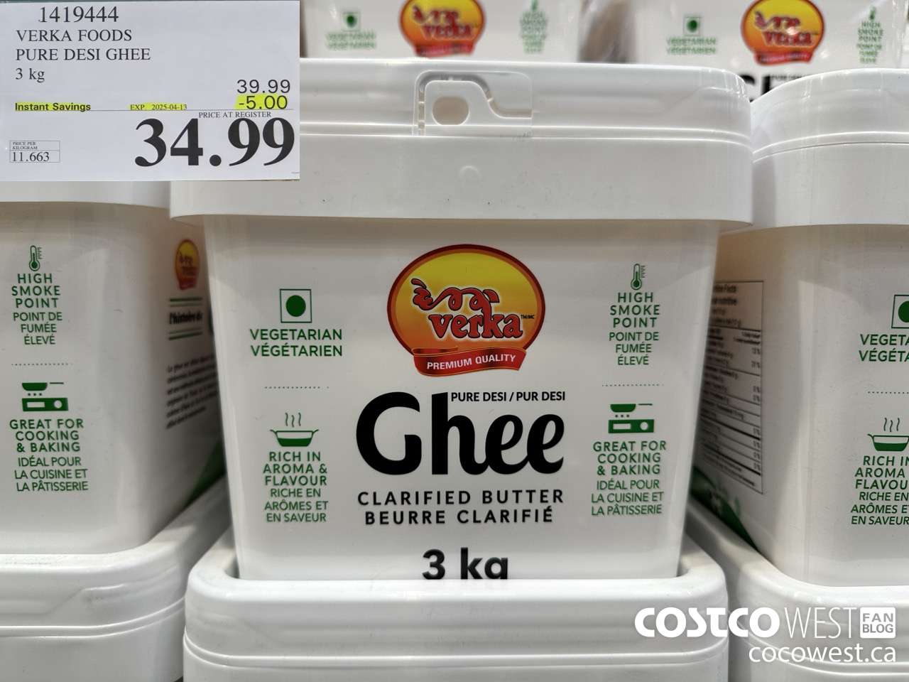 1419444 VERKA FOODS PURE DESI GHEE 3 kg ($5.00 INSTANT SAVINGS EXPIRES ON 2025-04-13) $34.99