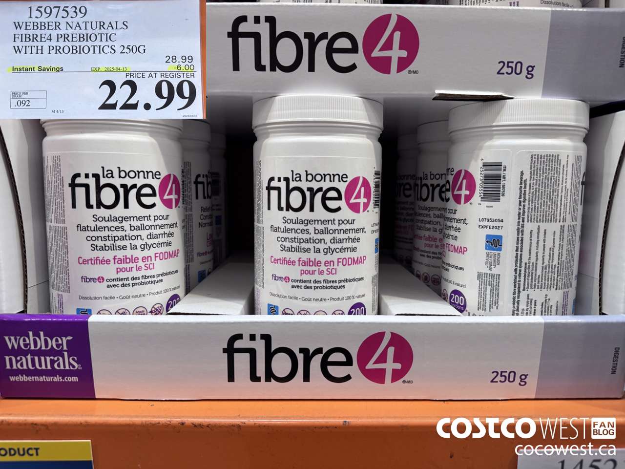 1597539 WEBBER NATURALS FIBRE4 PREBIOTIC WITH PROBIOTICS 250G ($6.00 INSTANT SAVINGS EXPIRES ON 2025-04-13) $22.99