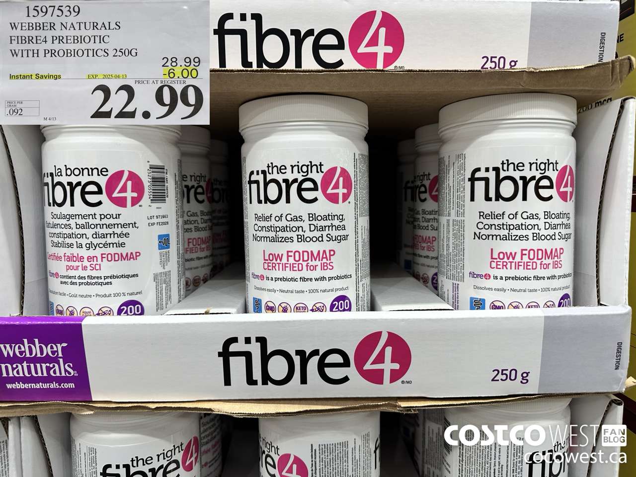 1597539 WEBBER NATURALS FIBRE4 PREBIOTIC WITH PROBIOTICS 250G ($6.00 INSTANT SAVINGS EXPIRES ON 2025-04-13) $22.99