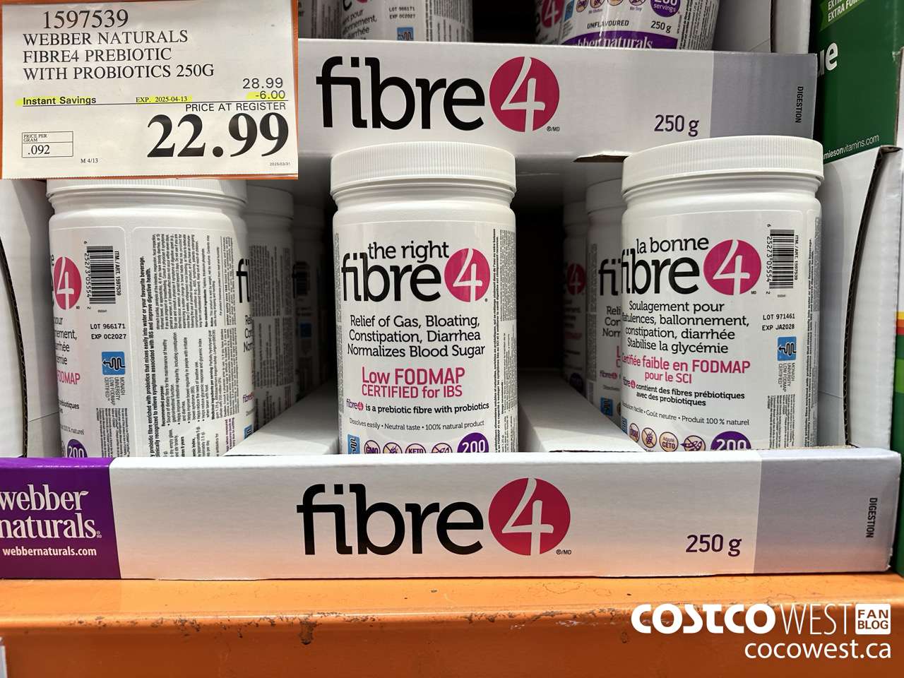 1597539 WEBBER NATURALS FIBRE4 PREBIOTIC WITH PROBIOTICS 250G ($6.00 INSTANT SAVINGS EXPIRES ON 2025-04-13) $22.99