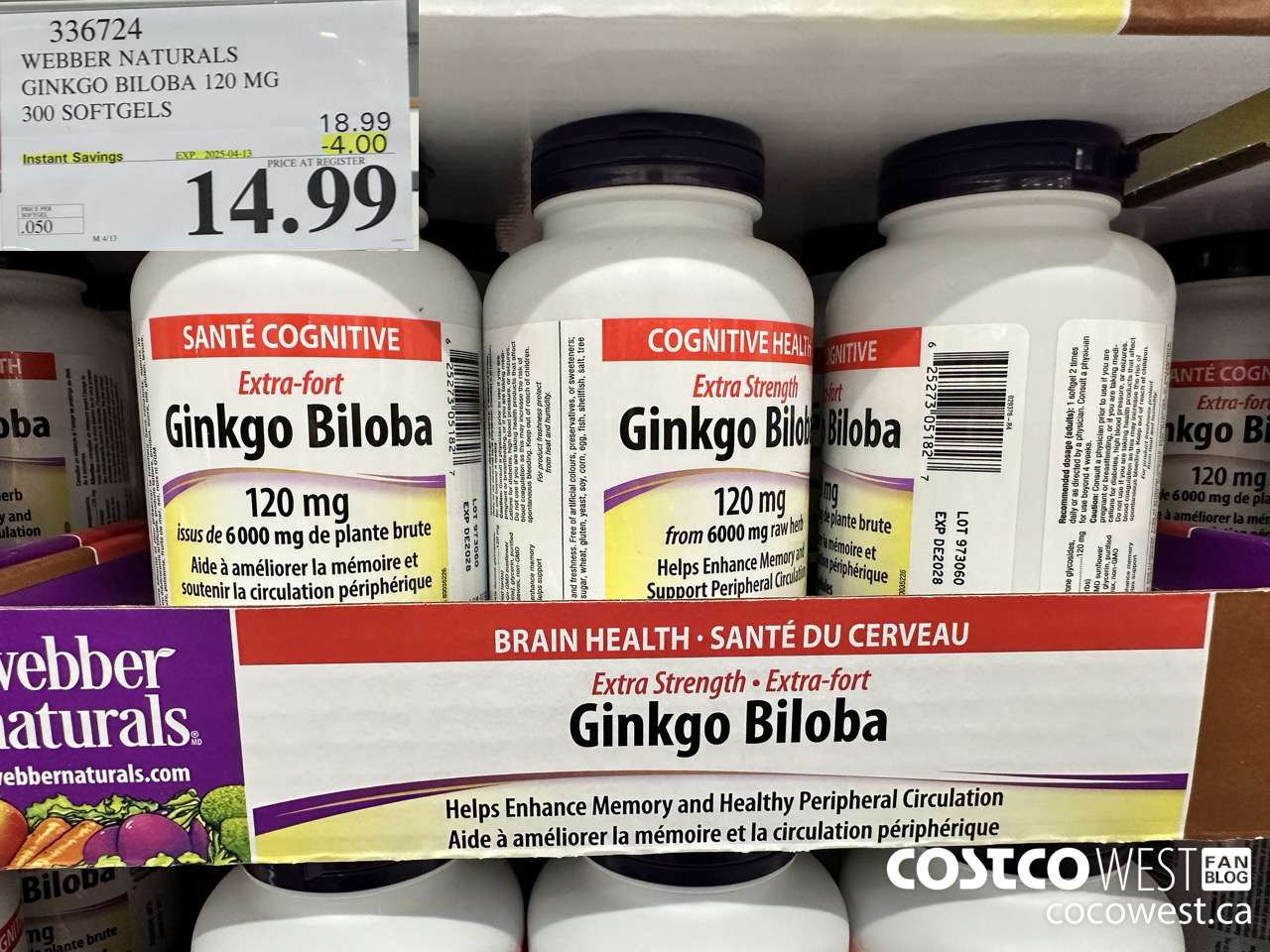336724 WEBBER NATURALS GINKGO BILOBA 120MG 300 SOFTGELS ($4.00 INSTANT SAVINGS EXPIRES ON 2025-04-13) $14.99
