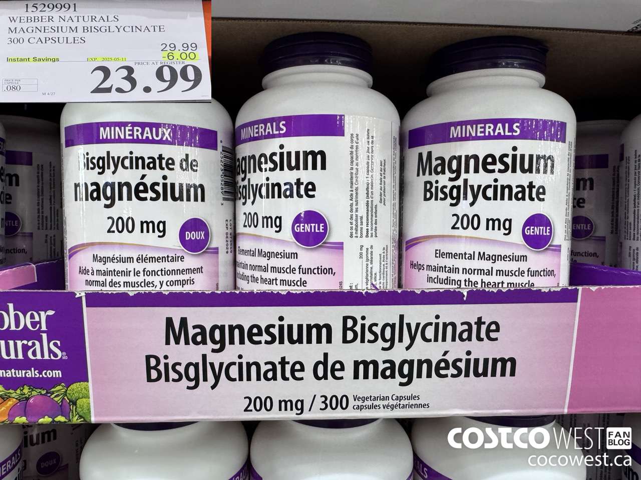 1529991 WEBBER NATURALS MAGNESIUM BISGLYCINATE 200MG 300 CAPSULES ($6.00 INSTANT SAVINGS EXPIRES ON 2025-05-11) $23.99