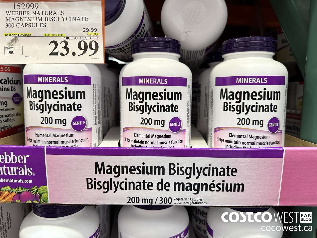 1529991 WEBBER NATURALS MAGNESIUM BISGLYCINATE 200MG 300 CAPSULES ($6.00 INSTANT SAVINGS EXPIRES ON 2025-05-11) $23.99