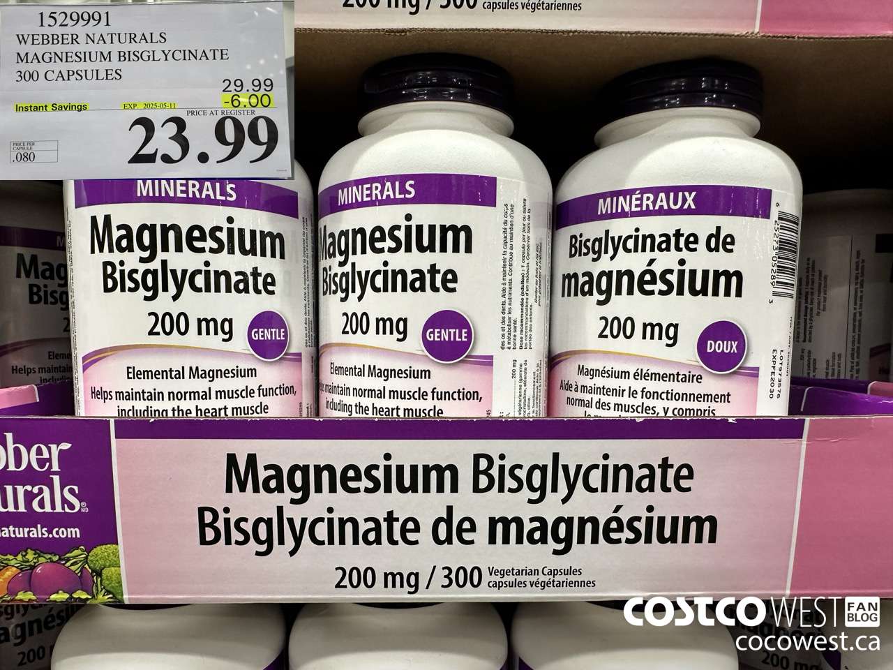 1529991 WEBBER NATURALS MAGNESIUM BISGLYCINATE 200MG 300 CAPSULES ($6.00 INSTANT SAVINGS EXPIRES ON 2025-05-11) $23.99