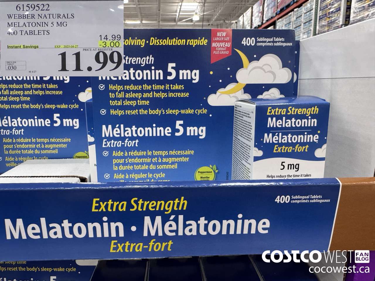 6159522 WEBBER NATURALS MELATONIN 5 MG 400 TABLETS ($3.00 INSTANT SAVINGS EXPIRES ON 2025-04-27) $11.99