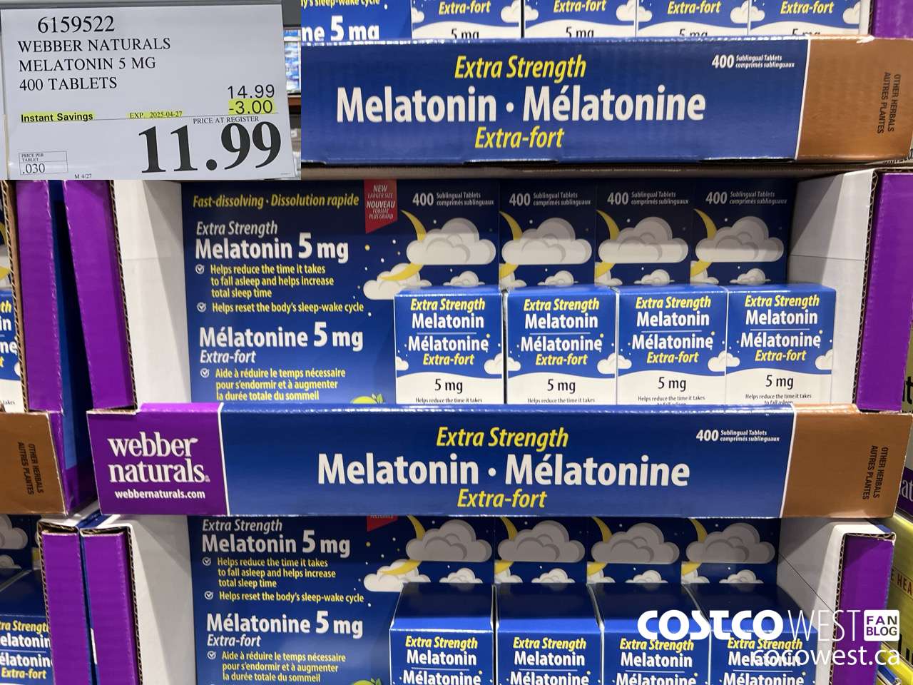 6159522 WEBBER NATURALS MELATONIN 5 MG 400 TABLETS ($3.00 INSTANT SAVINGS EXPIRES ON 2025-04-27) $11.99