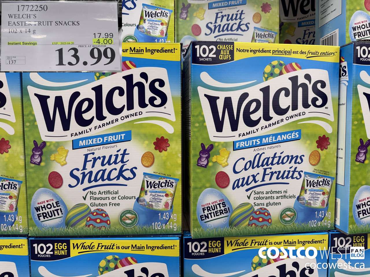 1772250 WELCH'S EASTER FRUIT SNACKS 102 X 14 G ($4.00 INSTANT SAVINGS EXPIRES ON 2025-04-20) $13.99