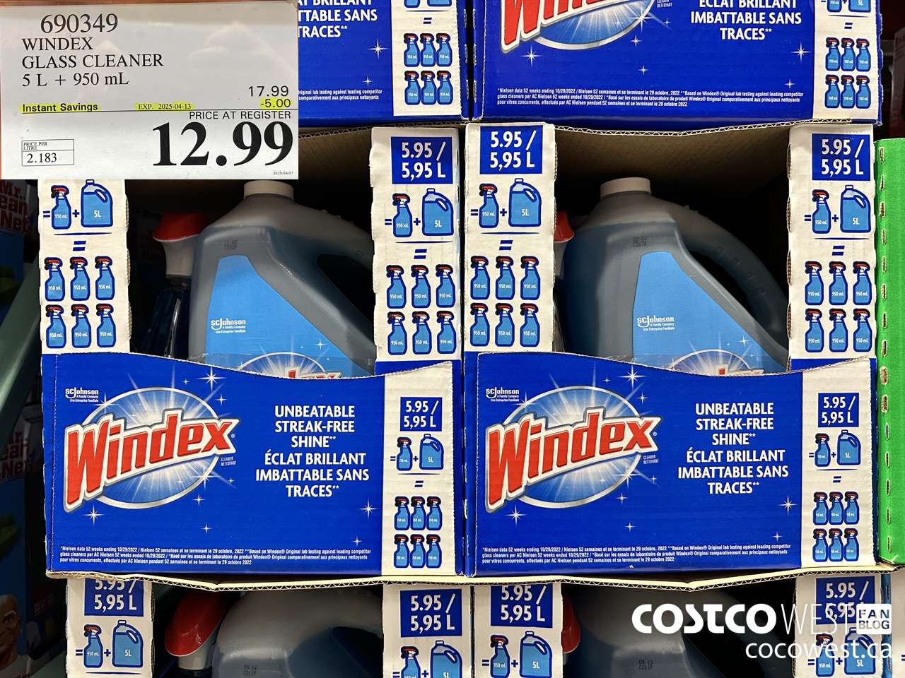 690349 WINDEX GLASS CLEANER 5L + 950ML ($5.00 INSTANT SAVINGS EXPIRES ON 2025-04-13) $12.99