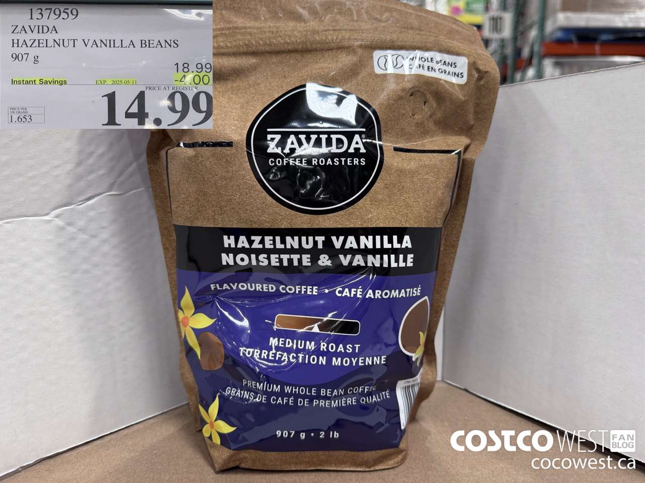 137959 ZAVIDA HAZELNUT VANILLA BEANS 907 g ($4.00 INSTANT SAVINGS EXPIRES ON 2025-05-11) $14.99