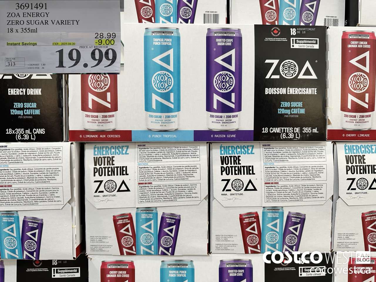 3691491 ZOA ENERGY ZERO SUGAR VARIETY 18 X 355ML ($9.00 INSTANT SAVINGS EXPIRES ON 2025-04-20) $19.99