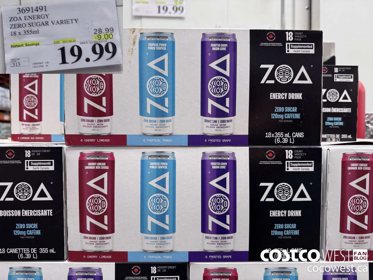 3691491 ZOA ENERGY ZERO SUGAR VARIETY 18 X 355ML ($9.00 INSTANT SAVINGS EXPIRES ON 2025-04-20) $19.99