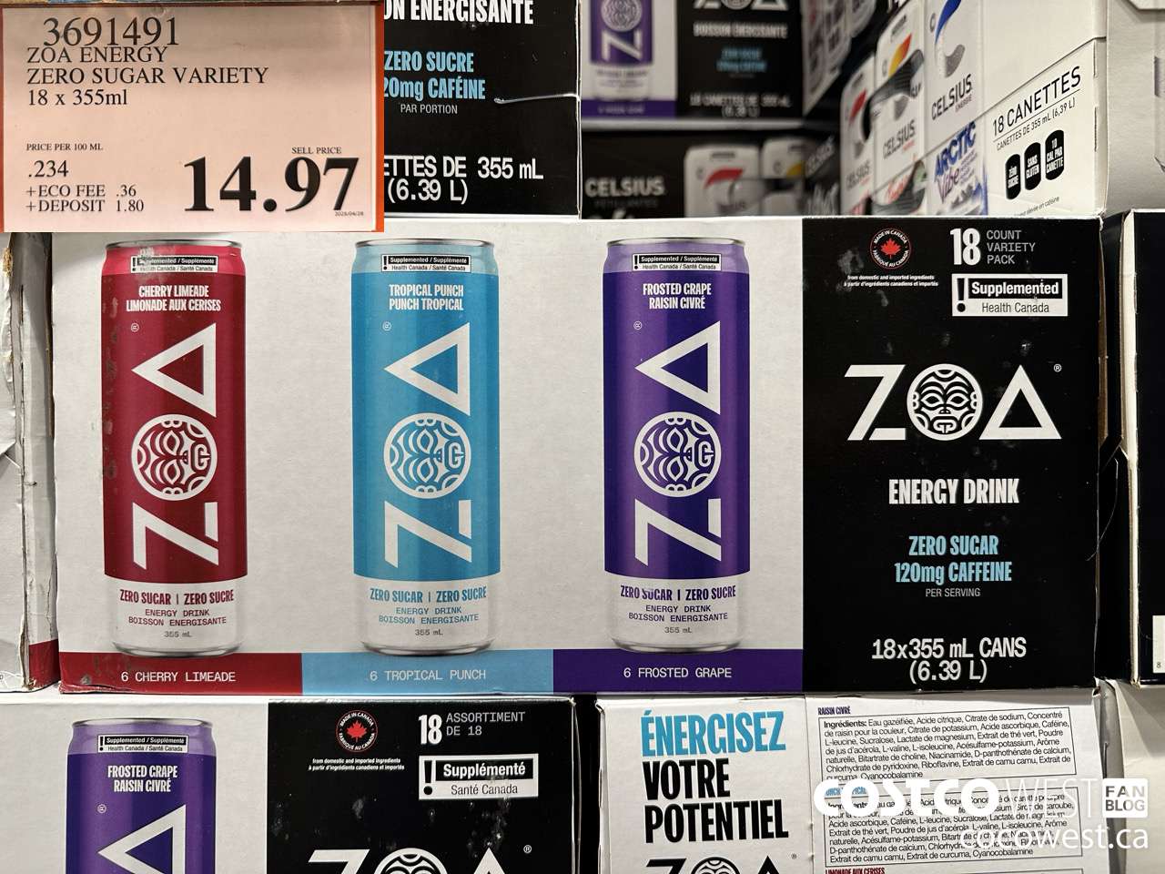 3691491 ZOA ENERGY ZERO SUGAR VARIETY 18 X 355ML $14.97