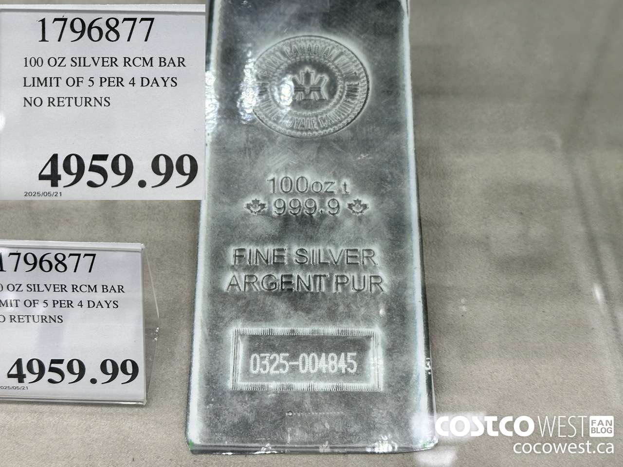 1796877 100 OZ SILVER RCM BAR LIMIT OF 5 PER 4 DAYS NO RETURNS $4959.99