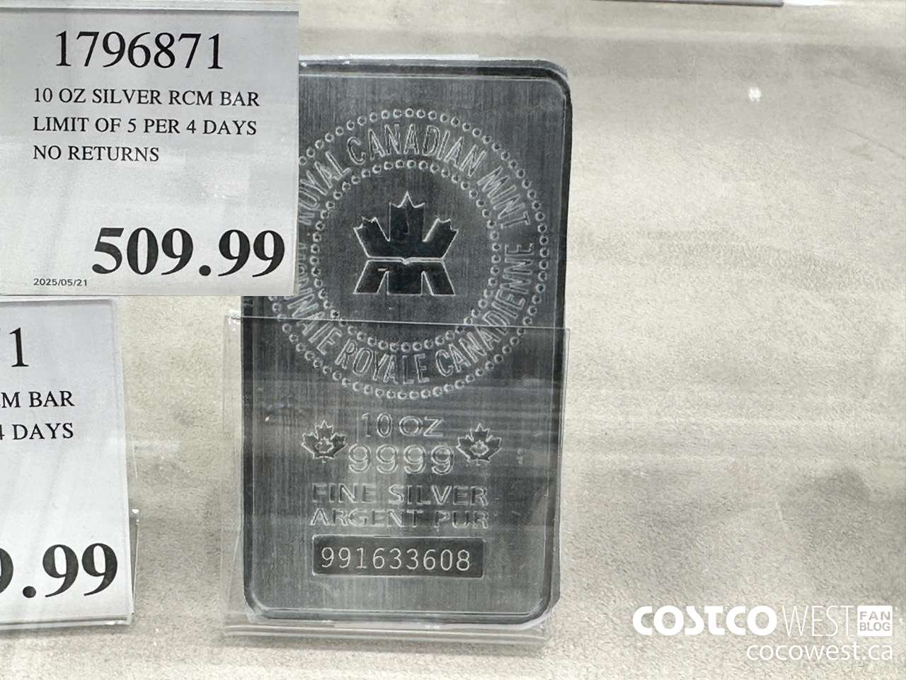 1796871 10 OZ SILVER RCM BAR LIMIT OF 5 PER 4 DAYS NO RETURNS  $509.99