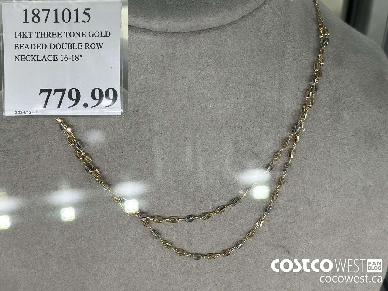 1871015 14KT THREE TONE GOLD BEADED DOUBLE ROW NECKLACE 16-18