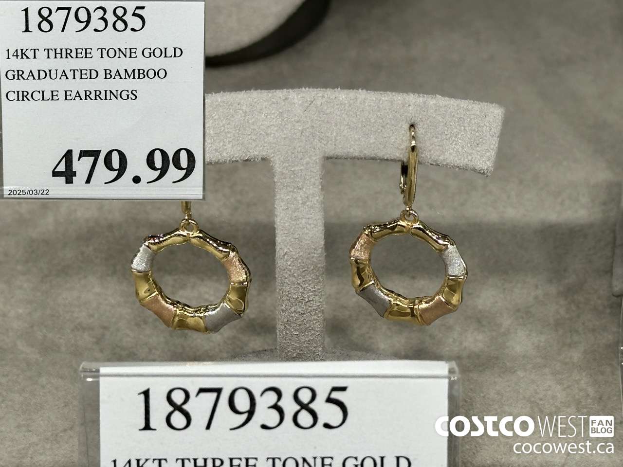 1879385 14KT THREE TONE GOLD GRADUATED BAMBOO CIRCLE EARRINGS $479.99