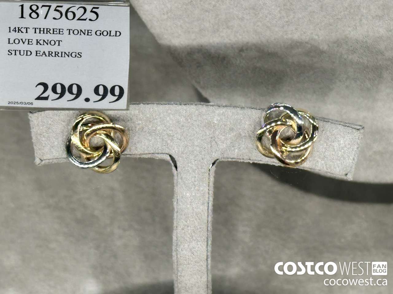 1875625 14KT THREE TONE GOLD LOVE KNOT STUD EARRINGS $299.99