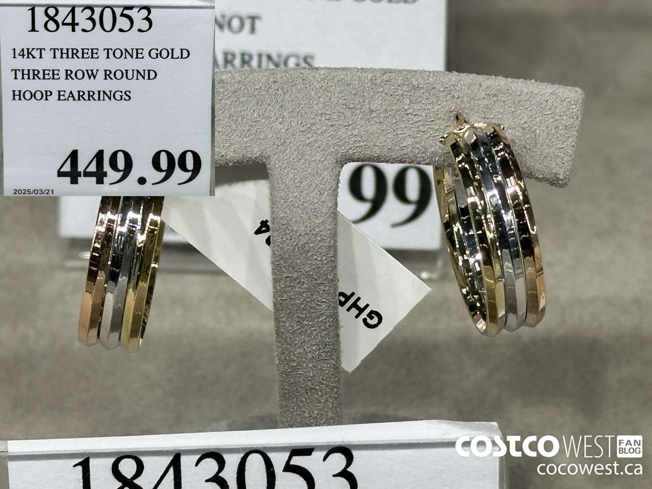 1843053 14KT THREE TONE GOLD THREE ROW ROUND HOOP EARRINGS $449.99