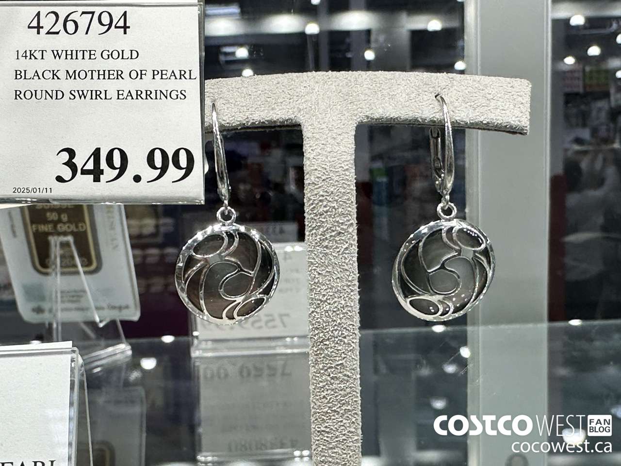 426794 14KT WHITE GOLD BLACK MOTHER OF PEARL ROUND SWIRL EARRINGS $349.99