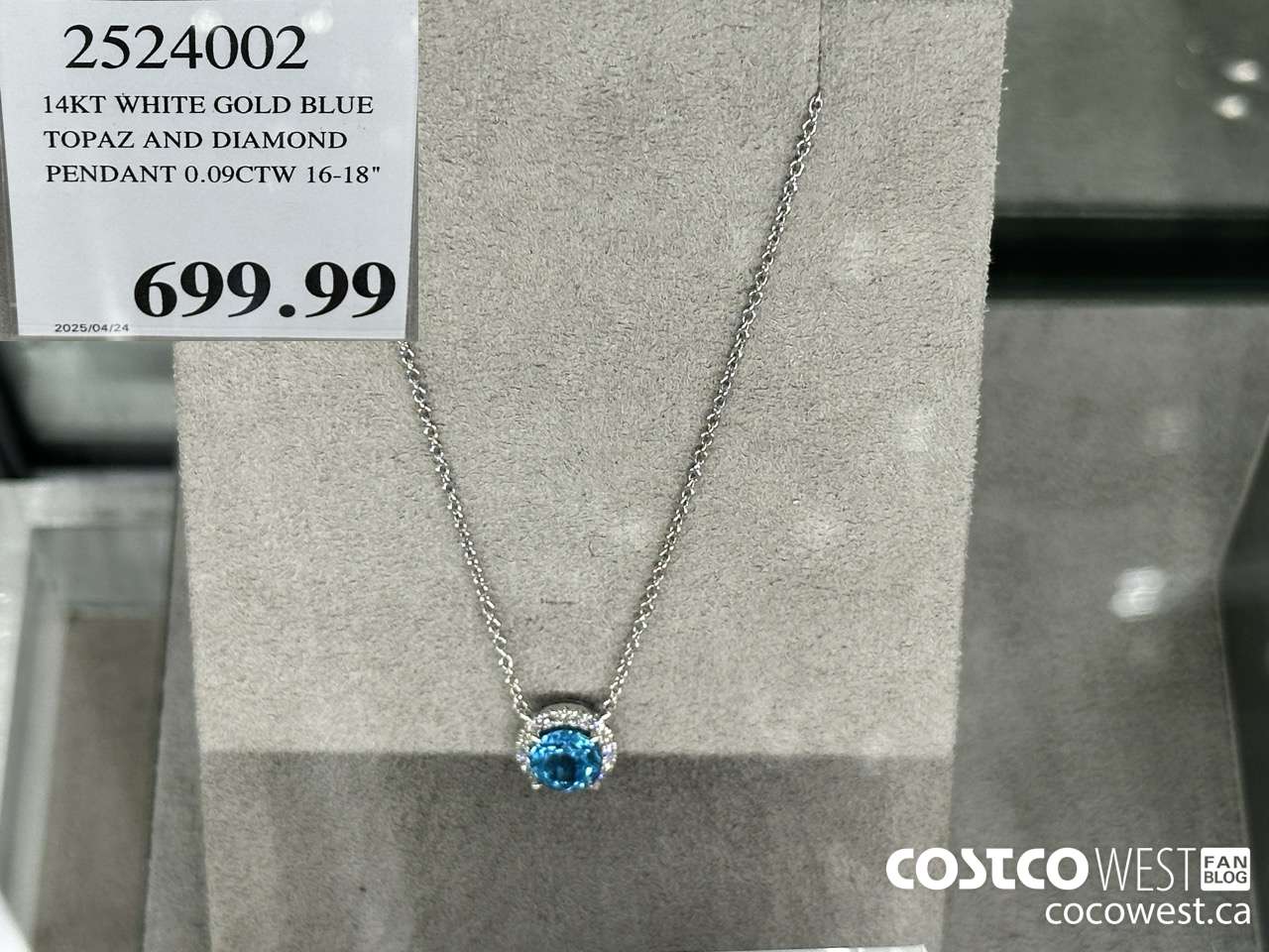 2524002 14KT WHITE GOLD BLUE TOPAZ AND DIAMOND PENDANT 0.09CTW 16-18