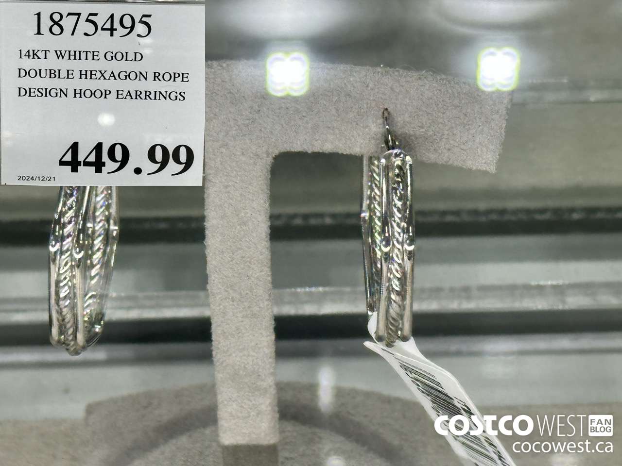 1875495 14KT WHITE GOLD DOUBLE HEXAGON ROPE DESIGN HOOP EARRINGS $449.99