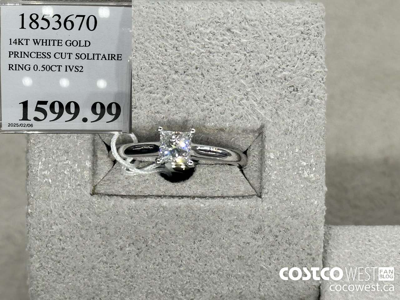 1853670 14KT WHITE GOLD PRINCESS CUT SOLITAIRE RING 0.50CT IVS2 $1599.99