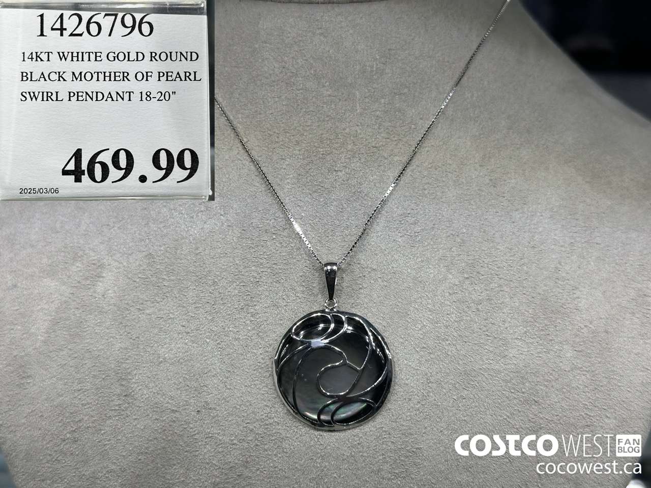 1426796 14KT WHITE GOLD ROUND BLACK MOTHER OF PEARL SWIRL PENDANT 18-20