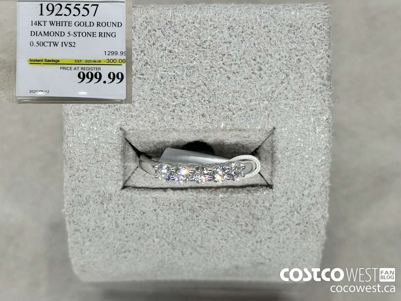 1925557 14KT WHITE GOLD ROUND DIAMOND 5-STONE RING 0.50CTW IVS2 ($300.00 INSTANT SAVINGS EXPIRES ON 2025-06-08) $999.99