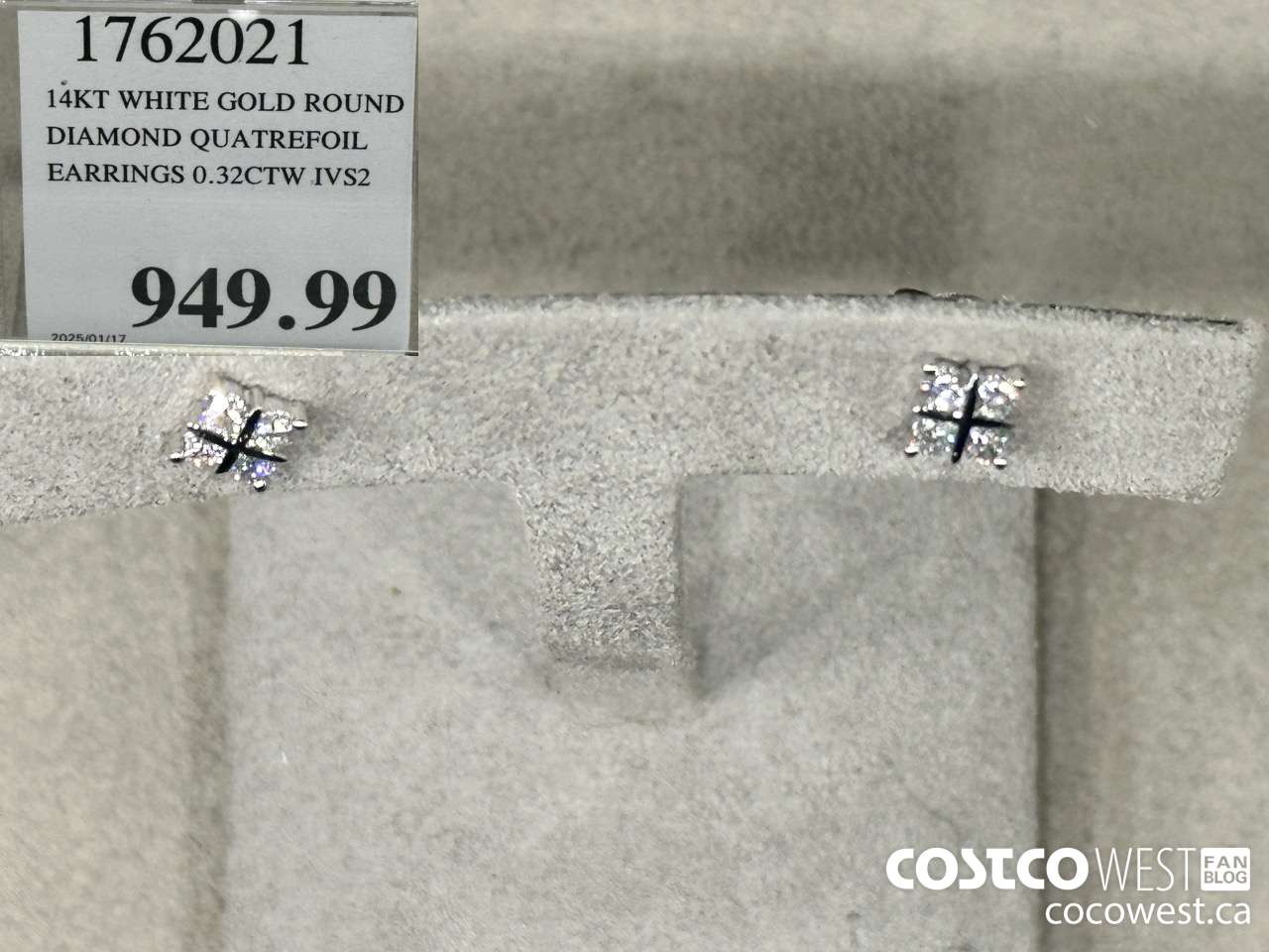 1762021 14KT WHITE GOLD ROUND DIAMOND QUATREFOIL EARRINGS 0.32CTW IVS2 $949.99