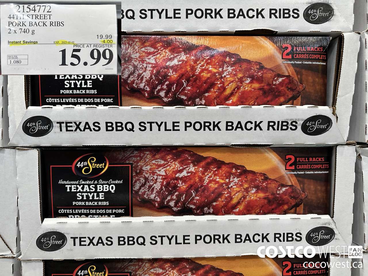 2154772 44TH STREET PORK BACK RIBS 2 X 740 G ($4.00 INSTANT SAVINGS EXPIRES ON 2025-05-02) $15.99