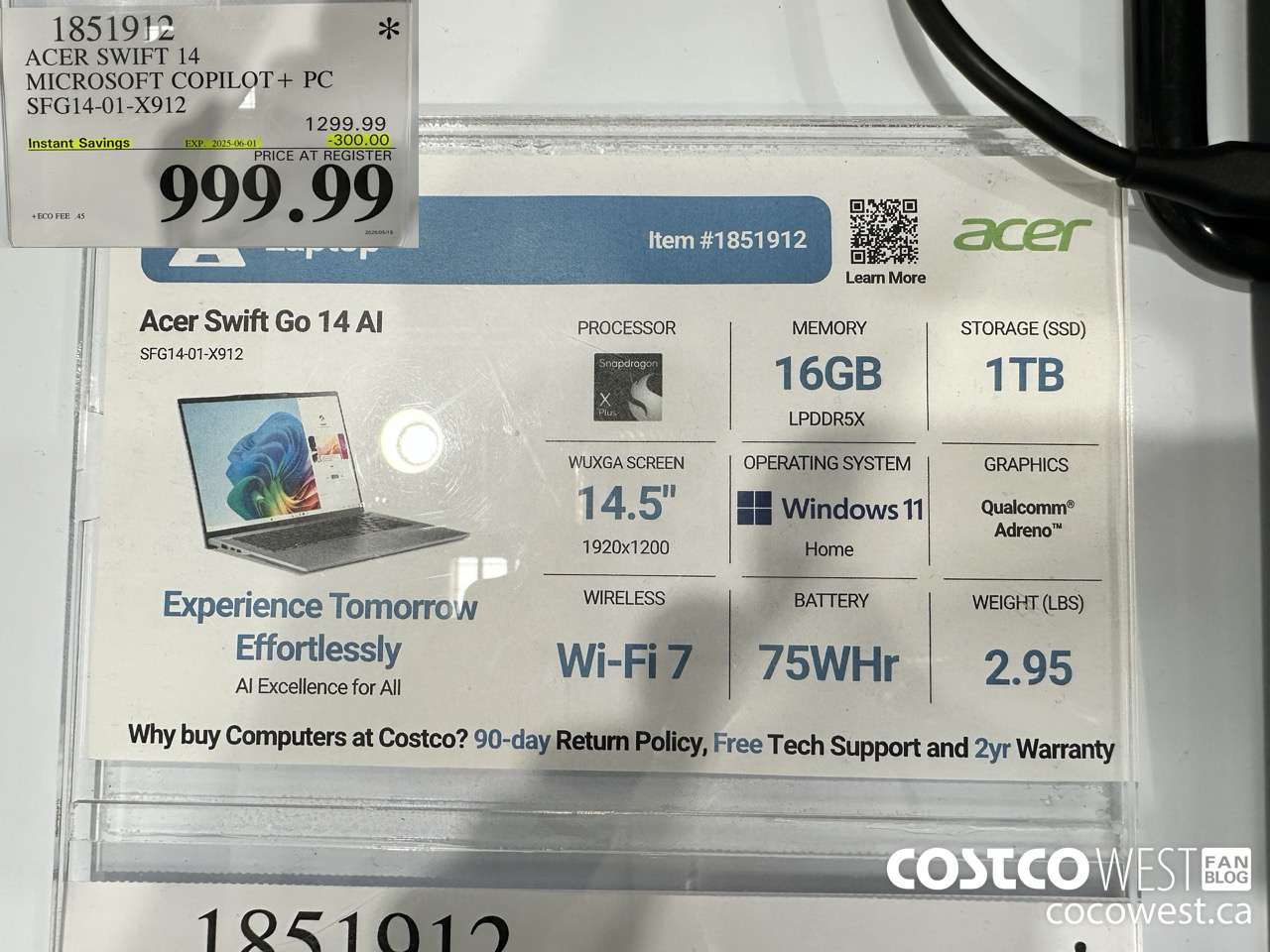 1851912 ACER SWIFT 14 MICROSOFT COPILOT + PC SFG14-01-X912 ($300.00 INSTANT SAVINGS EXPIRES ON 2025-06-01) $999.99