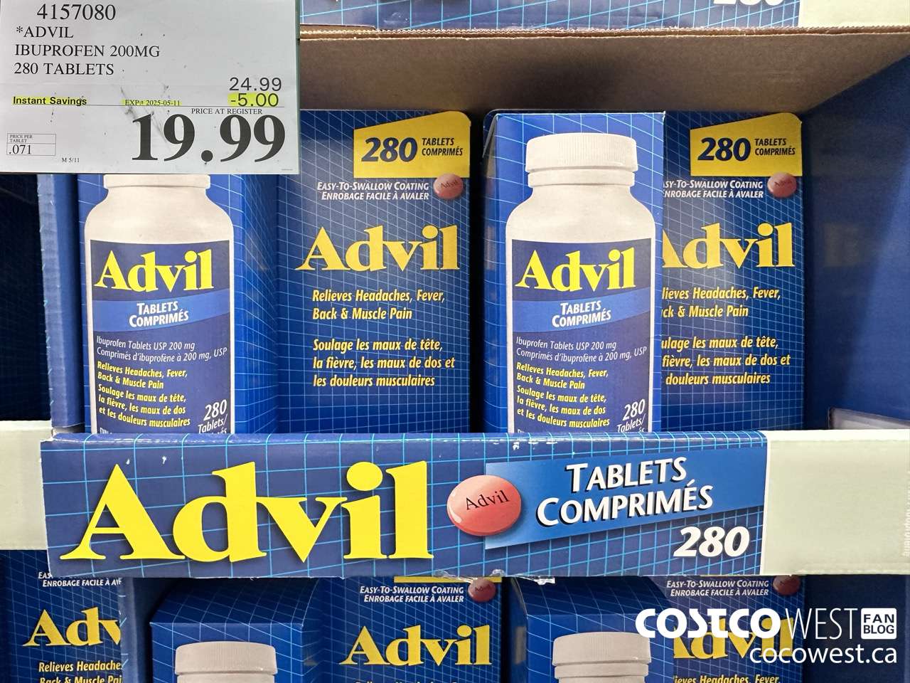 4157080 ADVIL 280 TABLETS IBUPROFEN 200MG ($5.00 INSTANT SAVINGS EXPIRES ON 2025-05-11) $19.99