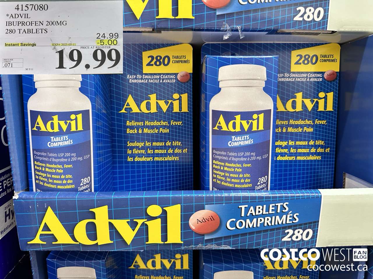 4157080 ADVIL 280 TABLETS IBUPROFEN 200MG ($5.00 INSTANT SAVINGS EXPIRES ON 2025-05-11) $19.99