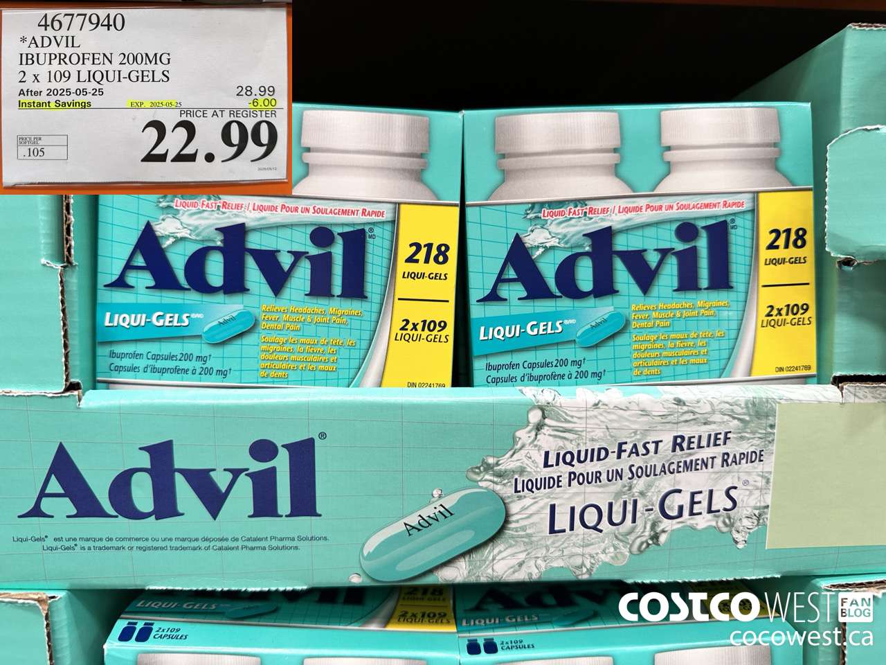 4677940 ADVIL IBUPROFEN 200MG 2 X 109 LIQUI-GELS ($6.00 INSTANT SAVINGS EXPIRES ON 2025-05-25) $22.99