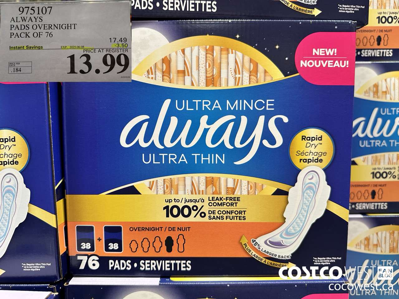 975107 ALWAYS ULTRA THIN PADS OVERNIGHT BOX OF 76 ($3.50 INSTANT SAVINGS EXPIRES ON 2025-06-08) $13.99