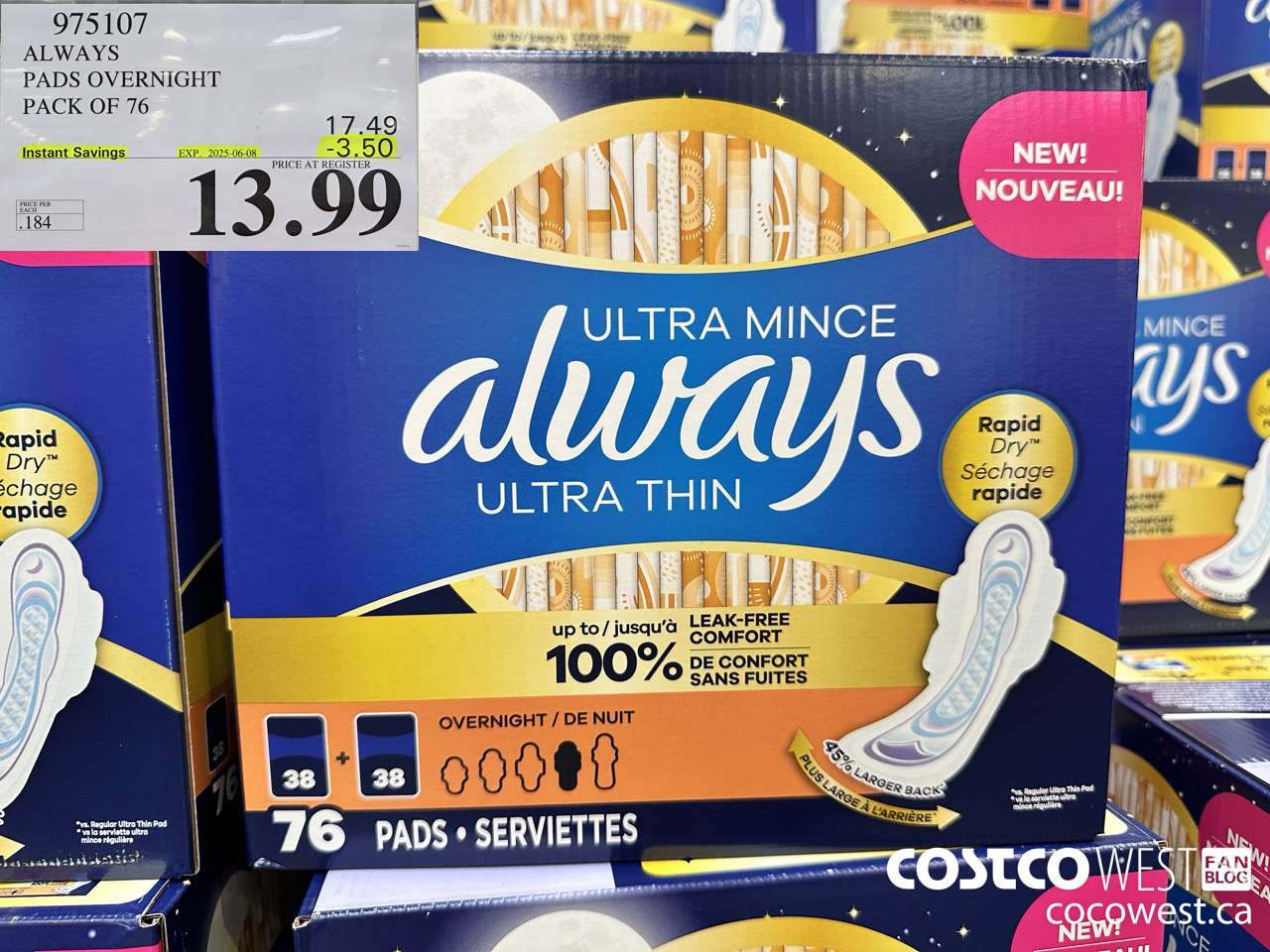 975107 ALWAYS ULTRA THIN PADS OVERNIGHT BOX OF 76 ($3.50 INSTANT SAVINGS EXPIRES ON 2025-06-08) $13.99