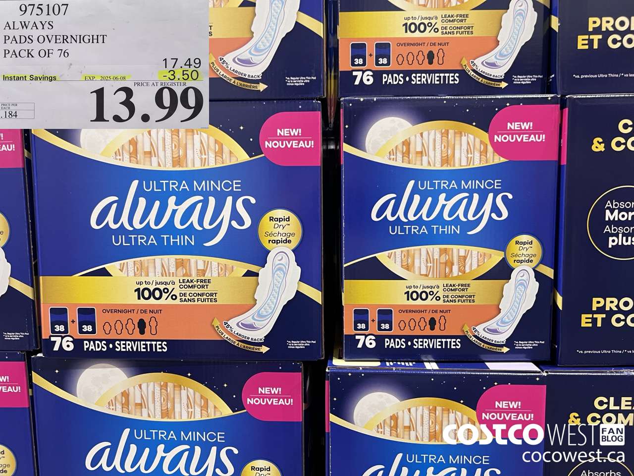 975107 ALWAYS ULTRA THIN PADS OVERNIGHT BOX OF 76 ($3.50 INSTANT SAVINGS EXPIRES ON 2025-06-08) $13.99