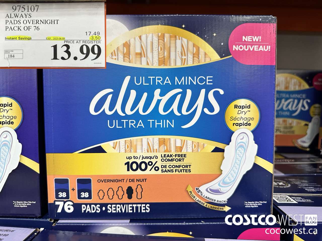 975107 ALWAYS ULTRA THIN PADS OVERNIGHT BOX OF 76 ($3.50 INSTANT SAVINGS EXPIRES ON 2025-06-08) $13.99