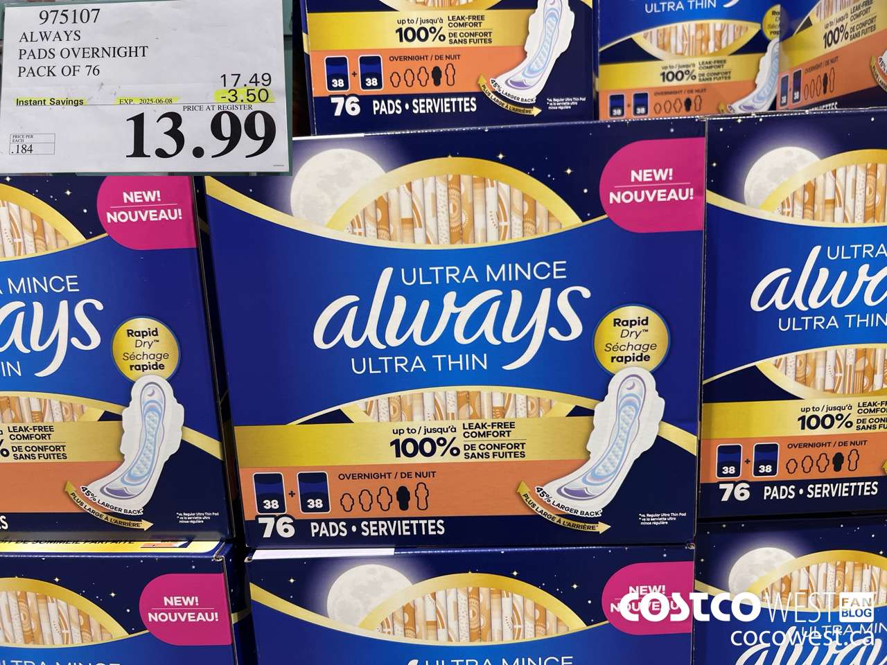 975107 ALWAYS ULTRA THIN PADS OVERNIGHT BOX OF 76 ($3.50 INSTANT SAVINGS EXPIRES ON 2025-06-08) $13.99