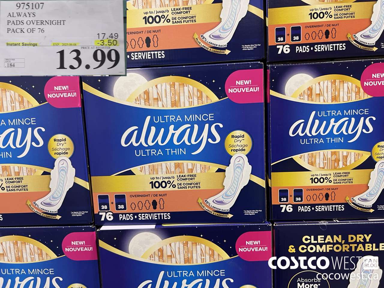 975107 ALWAYS ULTRA THIN PADS OVERNIGHT BOX OF 76 ($3.50 INSTANT SAVINGS EXPIRES ON 2025-06-08) $13.99