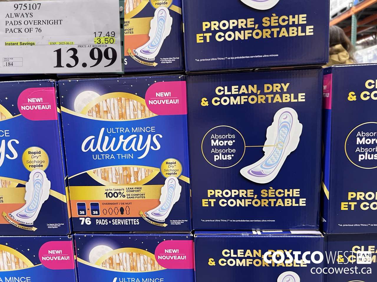 975107 ALWAYS ULTRA THIN PADS OVERNIGHT BOX OF 76 ($3.50 INSTANT SAVINGS EXPIRES ON 2025-06-15) $13.99