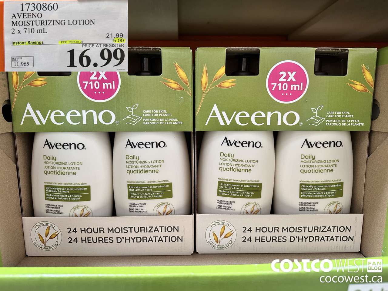 1730860 AVEENO MOISTURIZING LOTION 2 X 710ML ($5.00 INSTANT SAVINGS EXPIRES ON 2025-05-25) $16.99