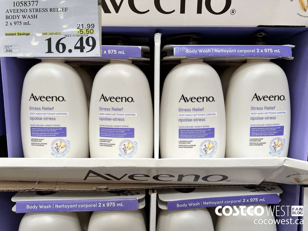 1058377 AVEENO STRESS RELIEF BODY WASH 2 X 975 ML ($5.50 INSTANT SAVINGS EXPIRES ON 2025-05-11) $16.49