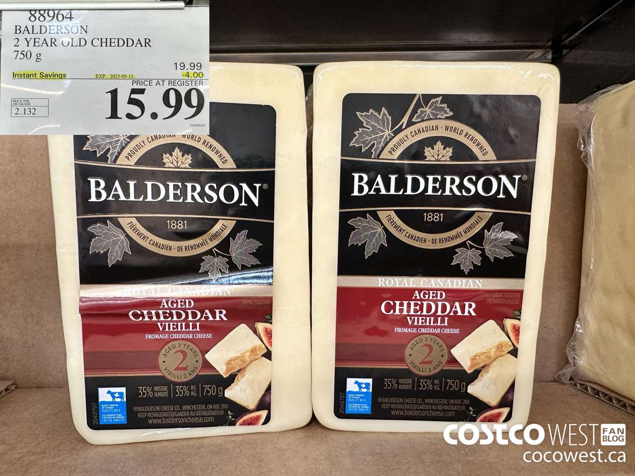 88964 BALDERSON 2 YEAR OLD CHEDDAR 750 g ($4.00 INSTANT SAVINGS EXPIRES ON 2025-05-11) $15.99