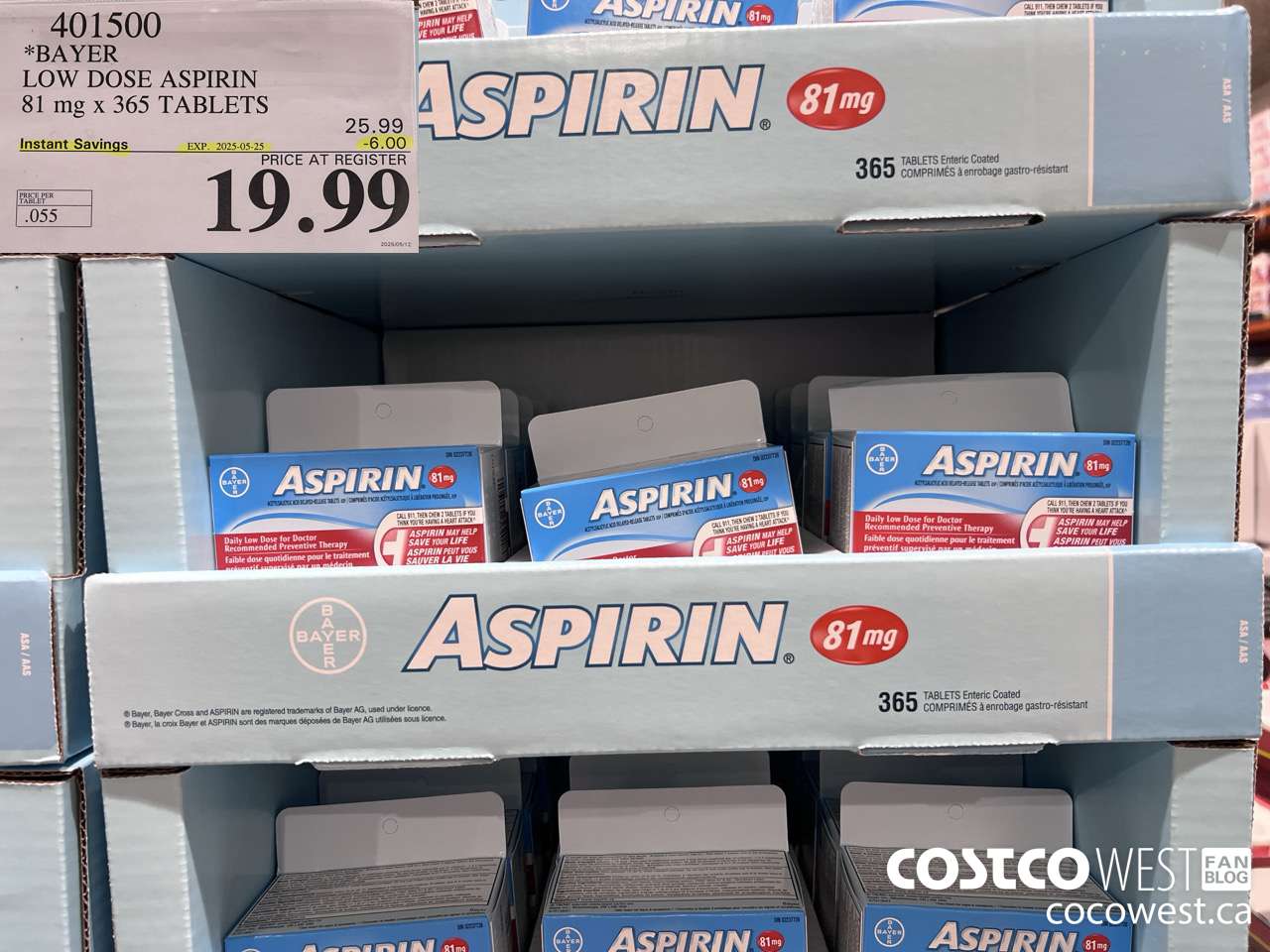 401500 BAYER COATED LOW DOSE ASA 365 81MG TABLETS ($6.00 INSTANT SAVINGS EXPIRES ON 2025-05-25) $19.99