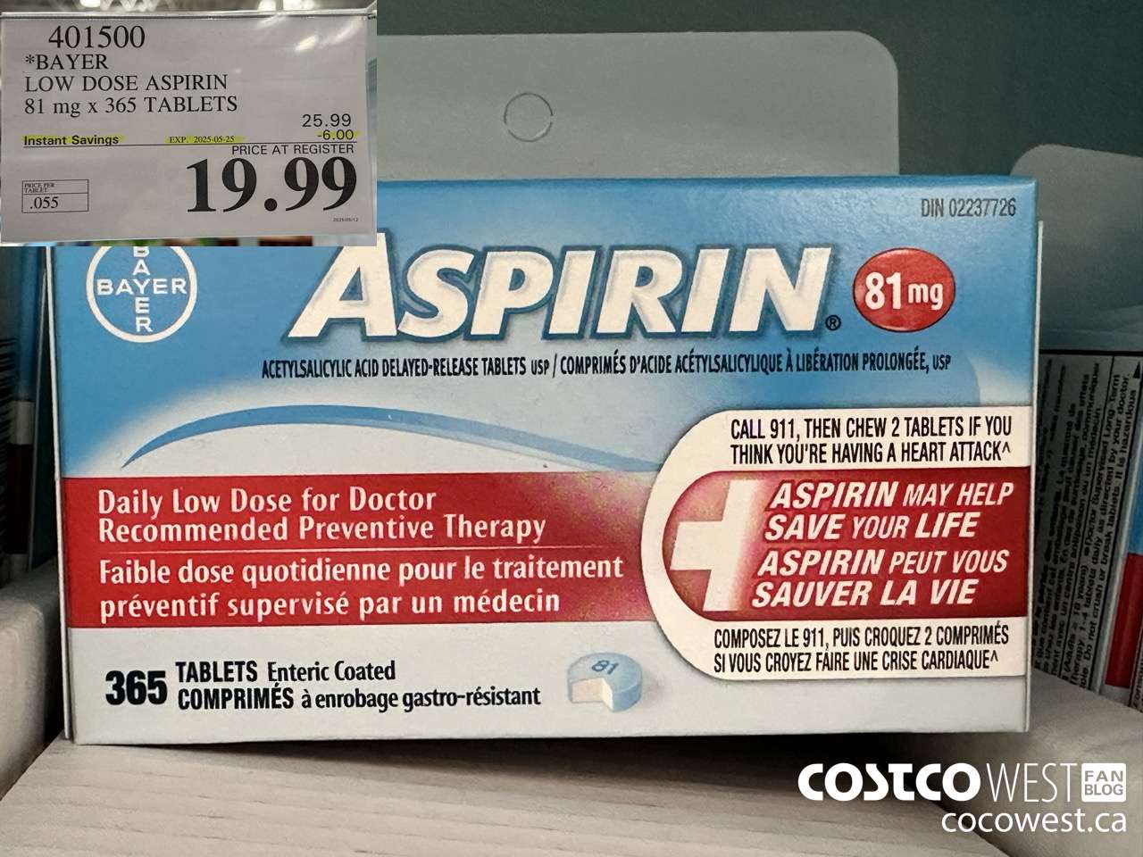 401500 BAYER COATED LOW DOSE ASA 365 81MG TABLETS ($6.00 INSTANT SAVINGS EXPIRES ON 2025-05-25) $19.99