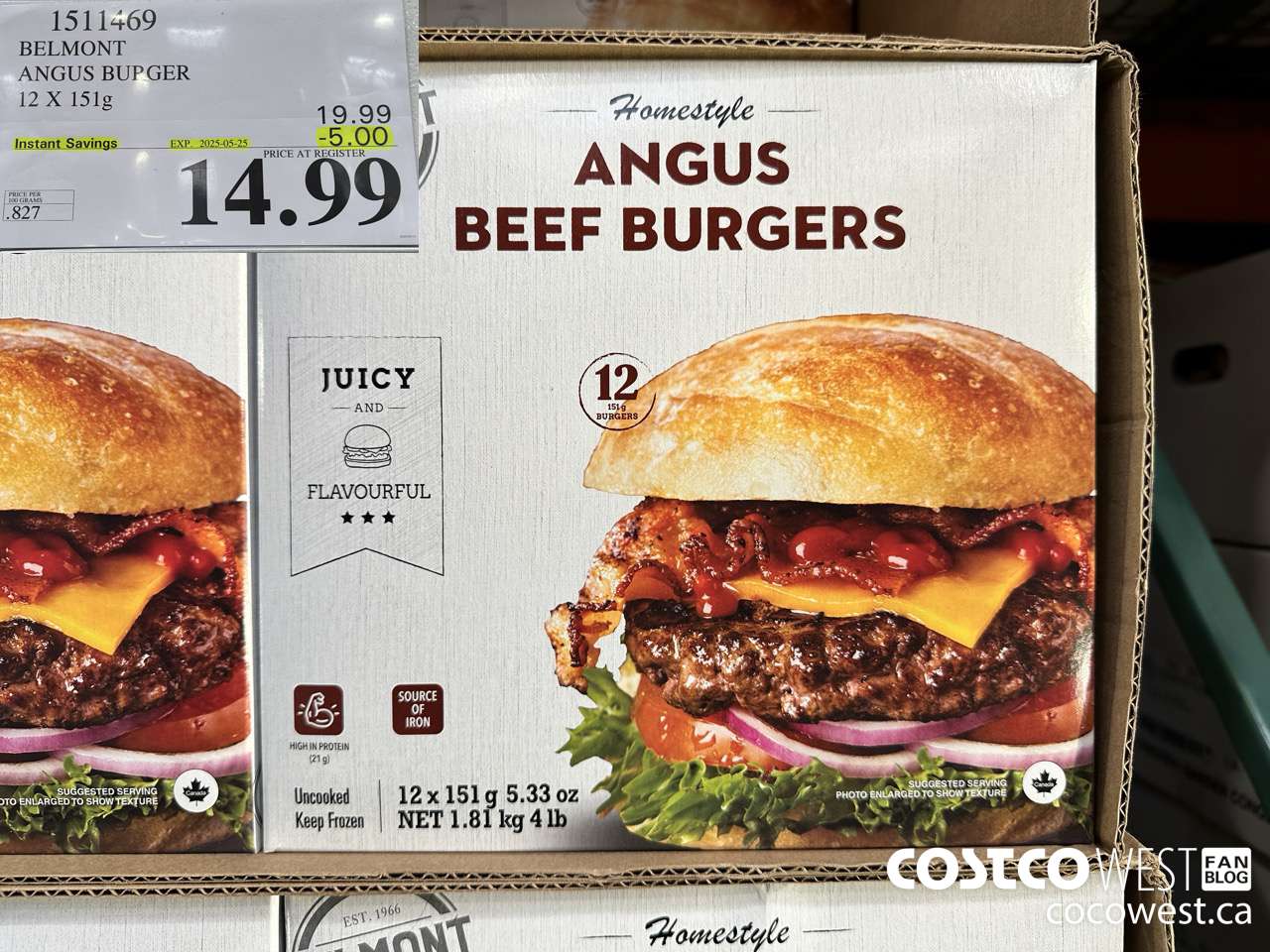 1511469 BELMONT ANGUS BURGER 12 X 151 g ($5.00 INSTANT SAVINGS EXPIRES ON 2025-05-25) $14.99
