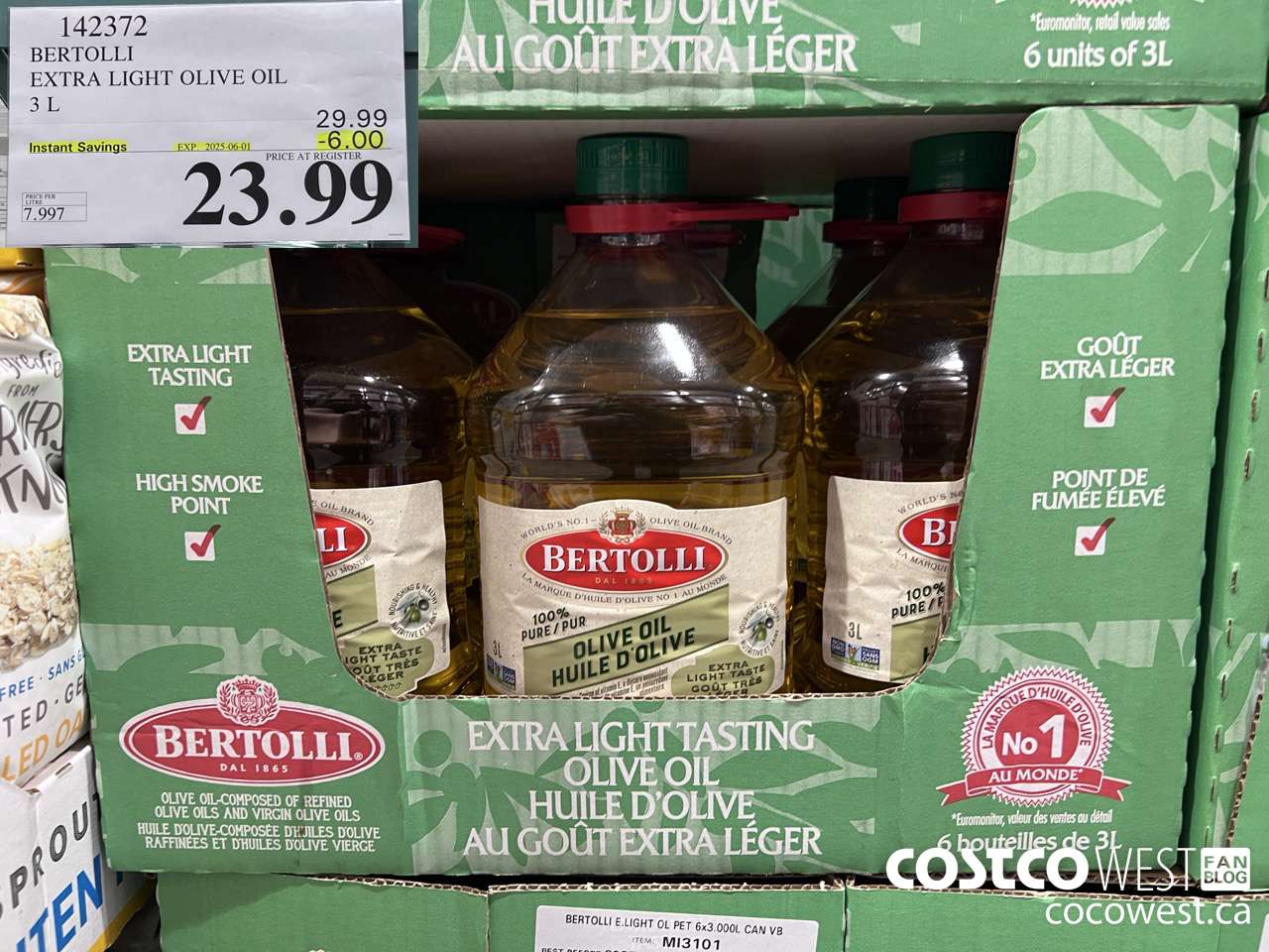 142372 BERTOLLI EXTRA LIGHT OLIVE OIL 3L ($6.00 INSTANT SAVINGS EXPIRES ON 2025-06-01) $23.99
